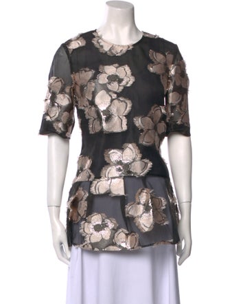 Lela Rose Floral Print Crew Neck Blouse