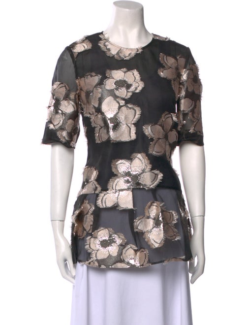 Lela Rose Floral Print Crew Neck Blouse