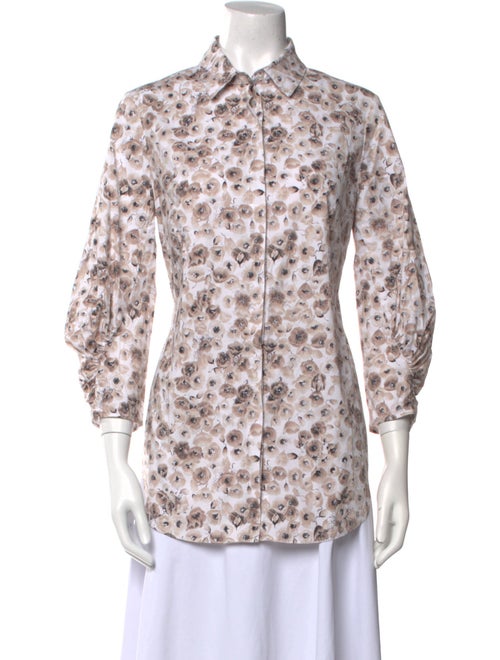 Lela Rose Printed Three-Quarter Sleeve Button-Up Top