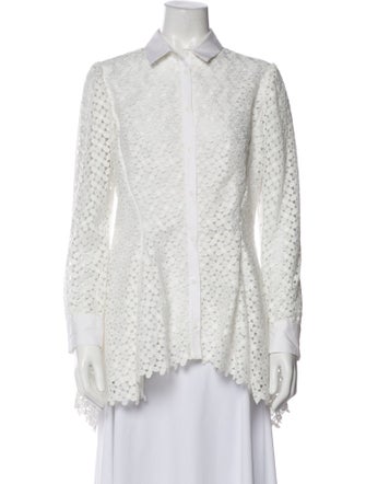 Lela Rose Lace Pattern Long Sleeve Button-Up Top