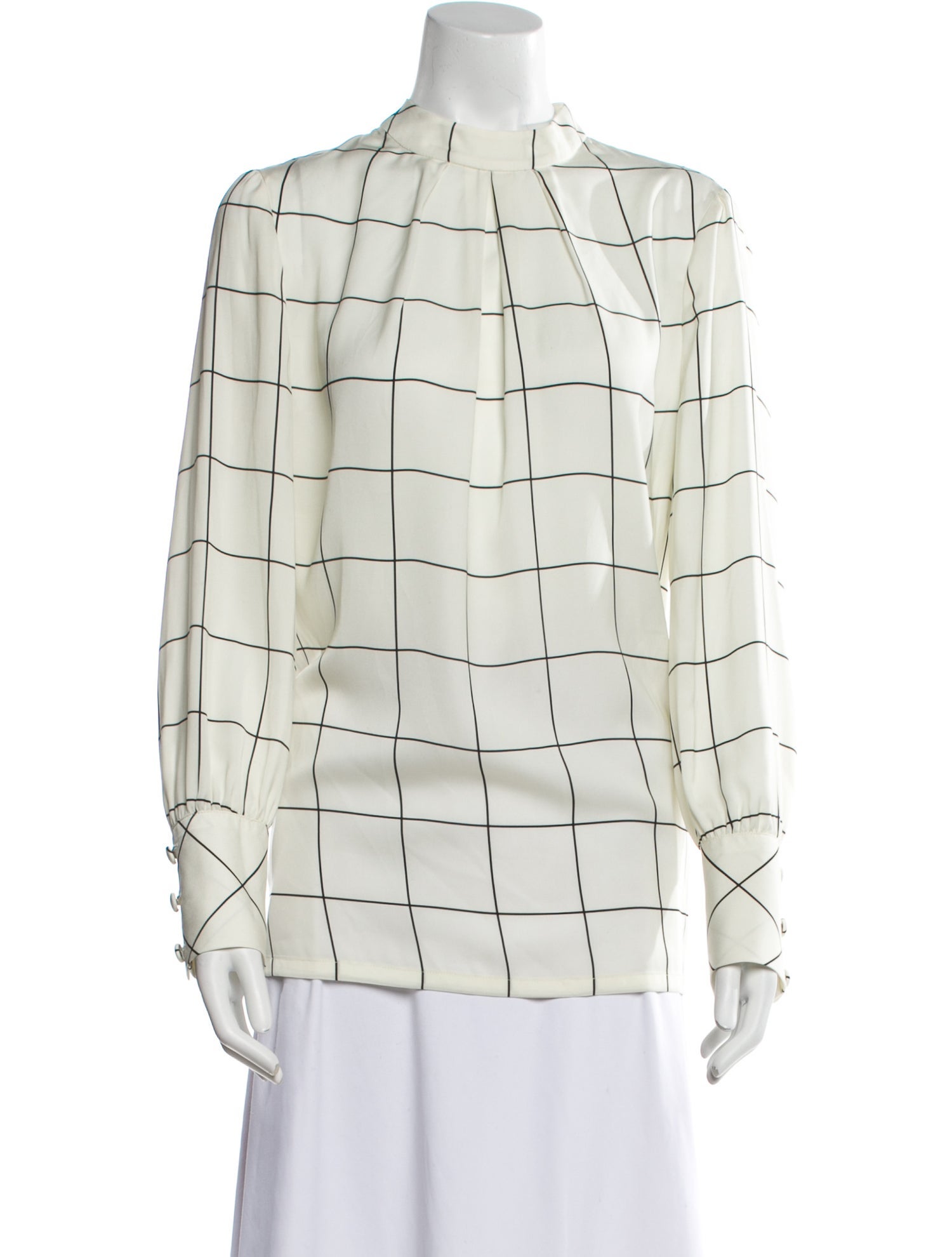 Lela Rose Plaid Print Mock Neck Button-Up Top