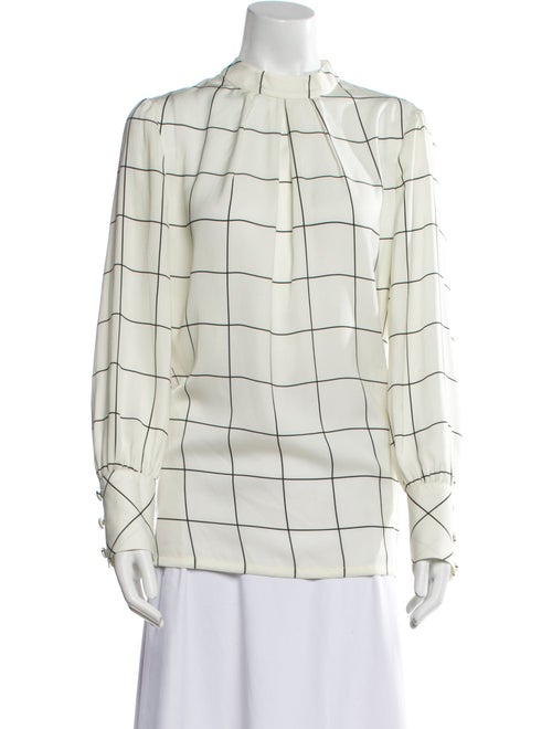 Lela Rose Plaid Print Mock Neck Button-Up Top