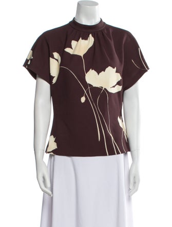 Lela Rose Floral Print Mock Neck Blouse