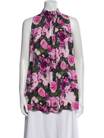 Lela Rose Floral Print Mock Neck Blouse