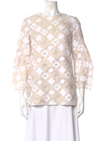 Pre-owned Lela Rose Patterned Crew Neck Blouse In Neutral