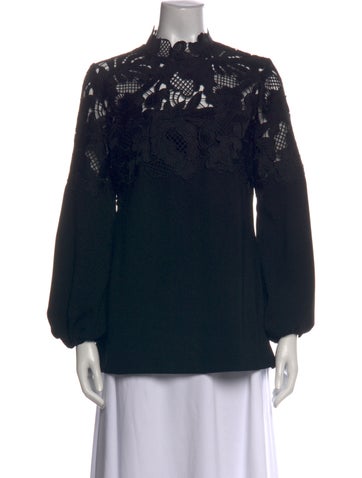 Pre-owned Lela Rose Lace Pattern Mock Neck Blouse In Black