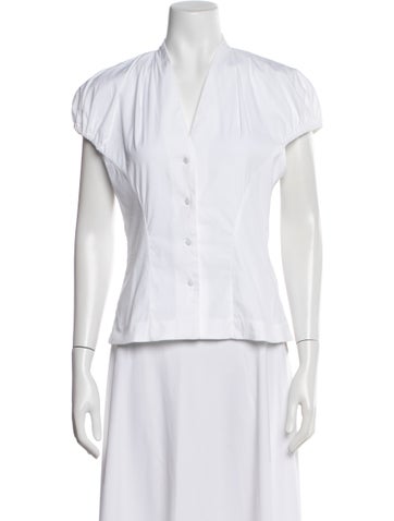 Pre-owned Lela Rose V-neck Short Sleeve Blouse In White