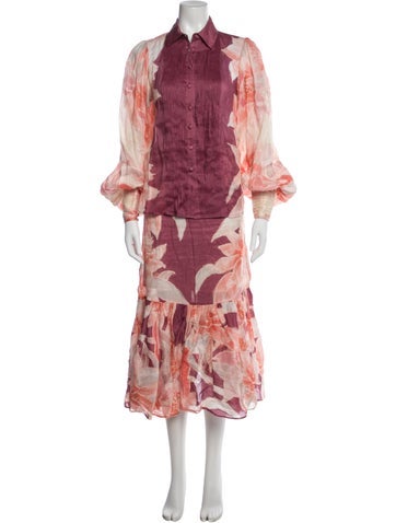 Pre-owned Leo Lin Linen Floral Print Skirt Set In Pink