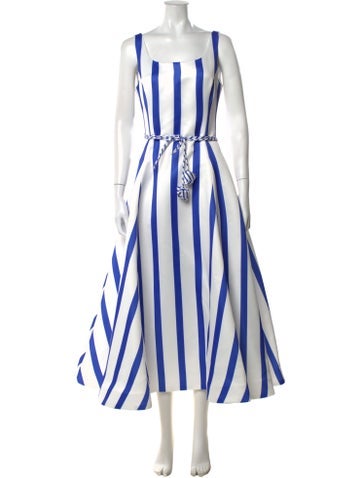 Pre-owned Leo Lin Striped Midi Length Dress In Blue