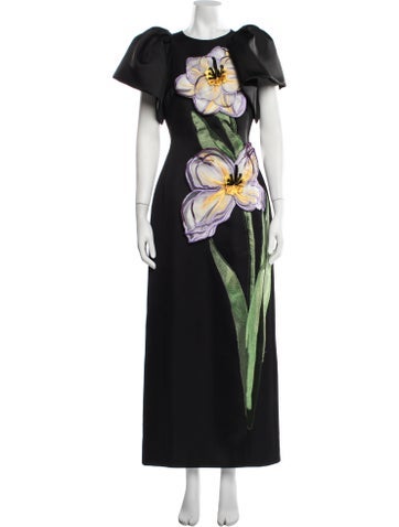 Pre-owned Leo Lin Floral Print Long Dress In Black