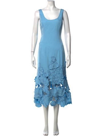 Pre-owned Leo Lin Floral Print Midi Length Dress In Blue