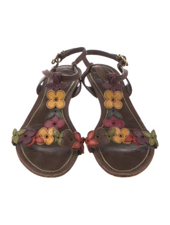 Louis Vuitton Leather Floral Print T-Strap Sandals