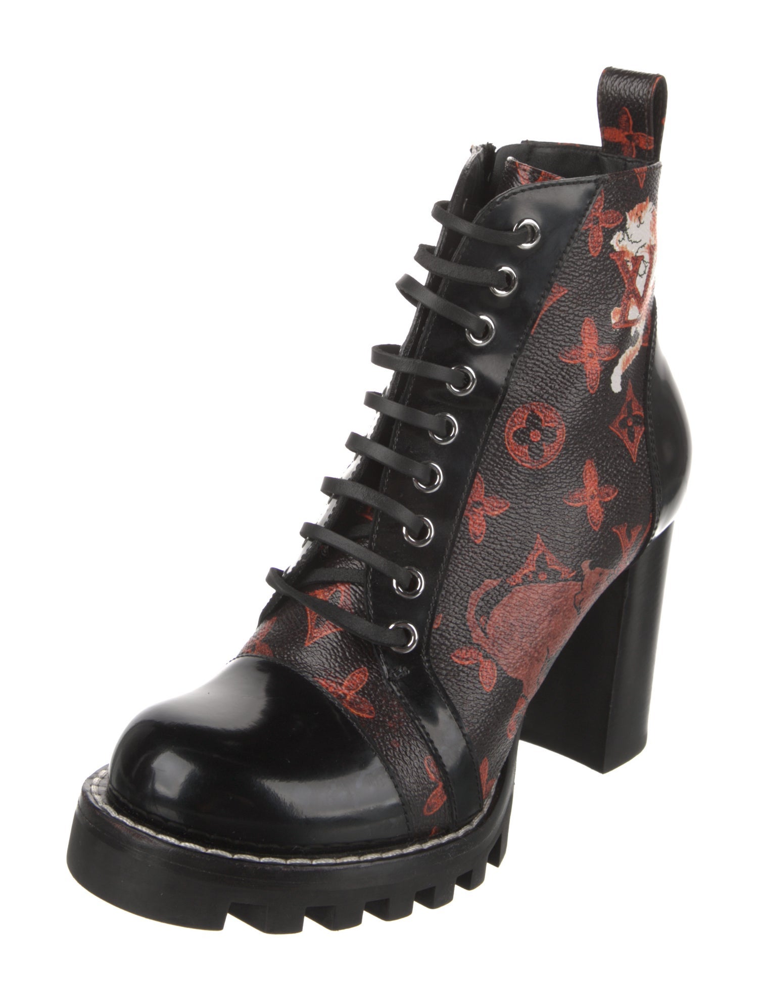 Louis Vuitton LV Monogram Leather Trim Embellishment Combat Boots