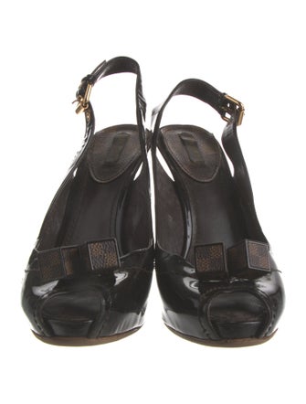 Louis Vuitton Damier Ebene Pattern Patent Leather Slingback Pumps
