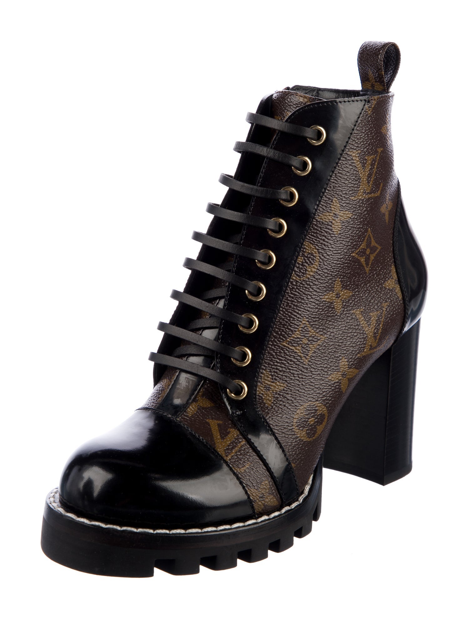 Louis Vuitton LV Monogram Leather Trim Embellishment Combat Boots