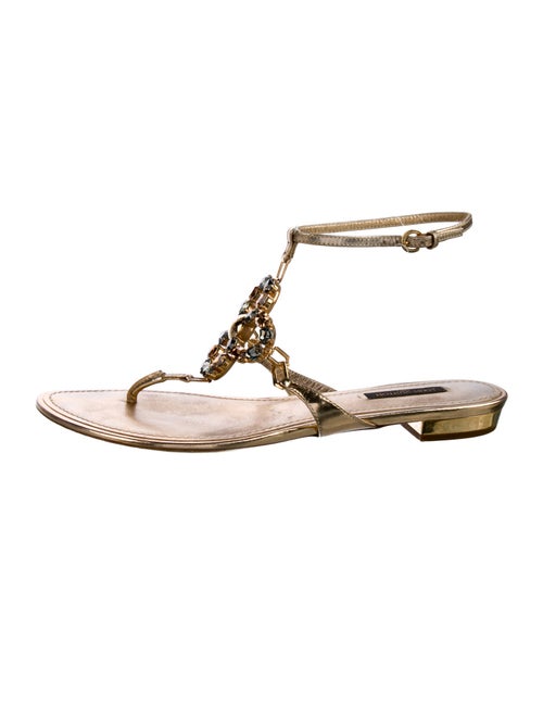 Louis Vuitton Leather Crystal Embellishments T-Strap Sandals