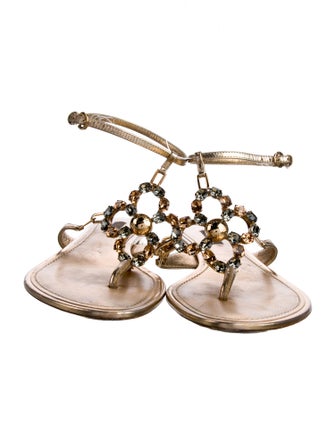 Louis Vuitton Leather Crystal Embellishments T-Strap Sandals