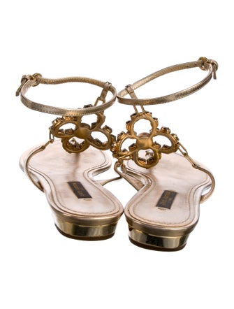 Louis Vuitton Leather Crystal Embellishments T-Strap Sandals