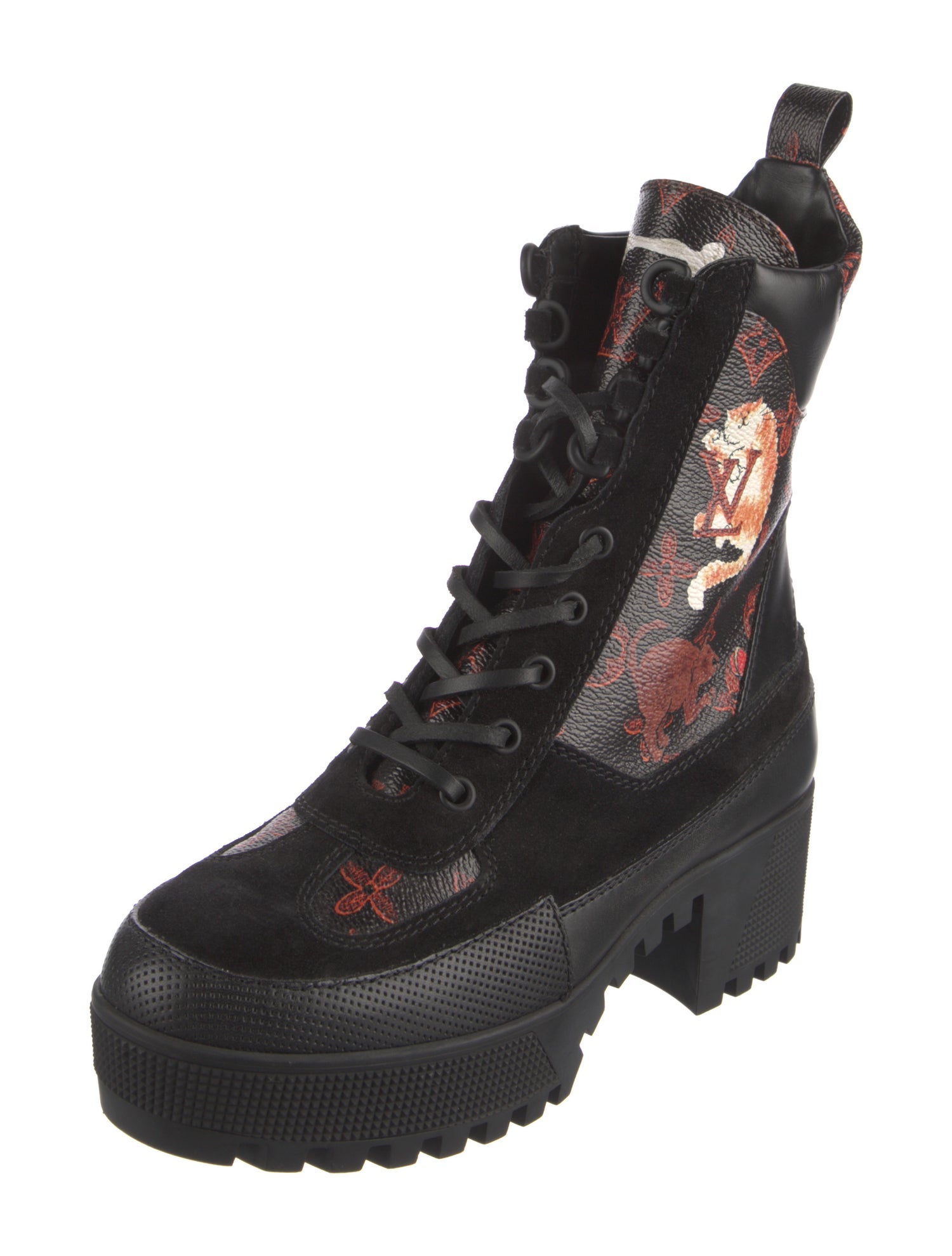 Louis Vuitton LV Monogram Leather Trim Embellishment Combat Boots