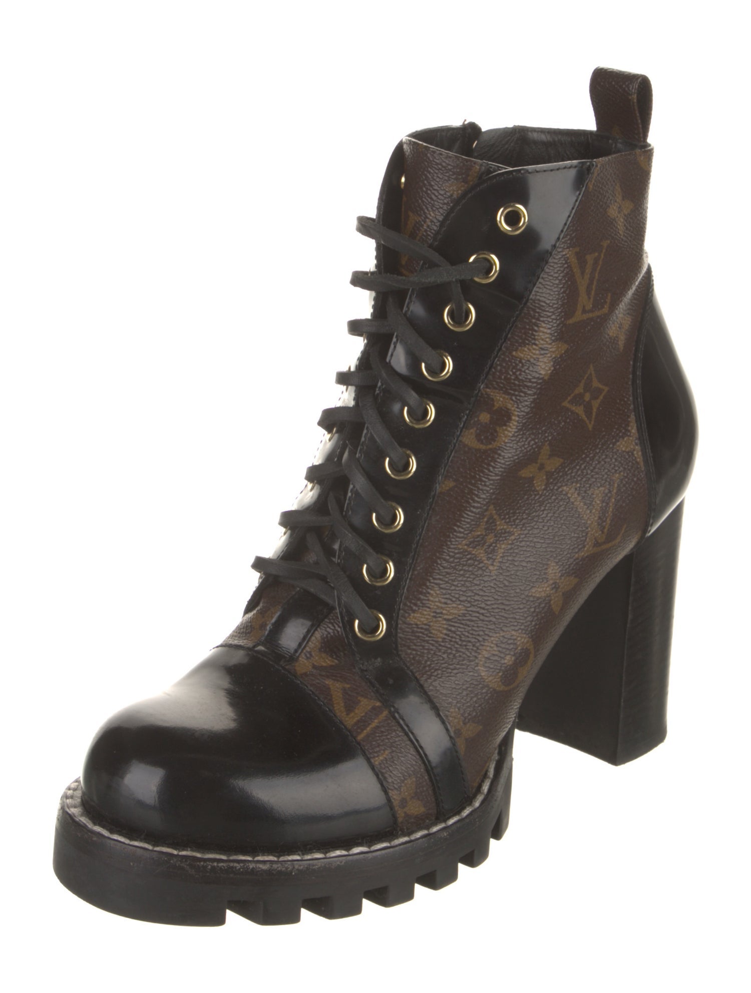 Louis Vuitton Monogram Pattern Leather Trim Embellishment Combat Boots