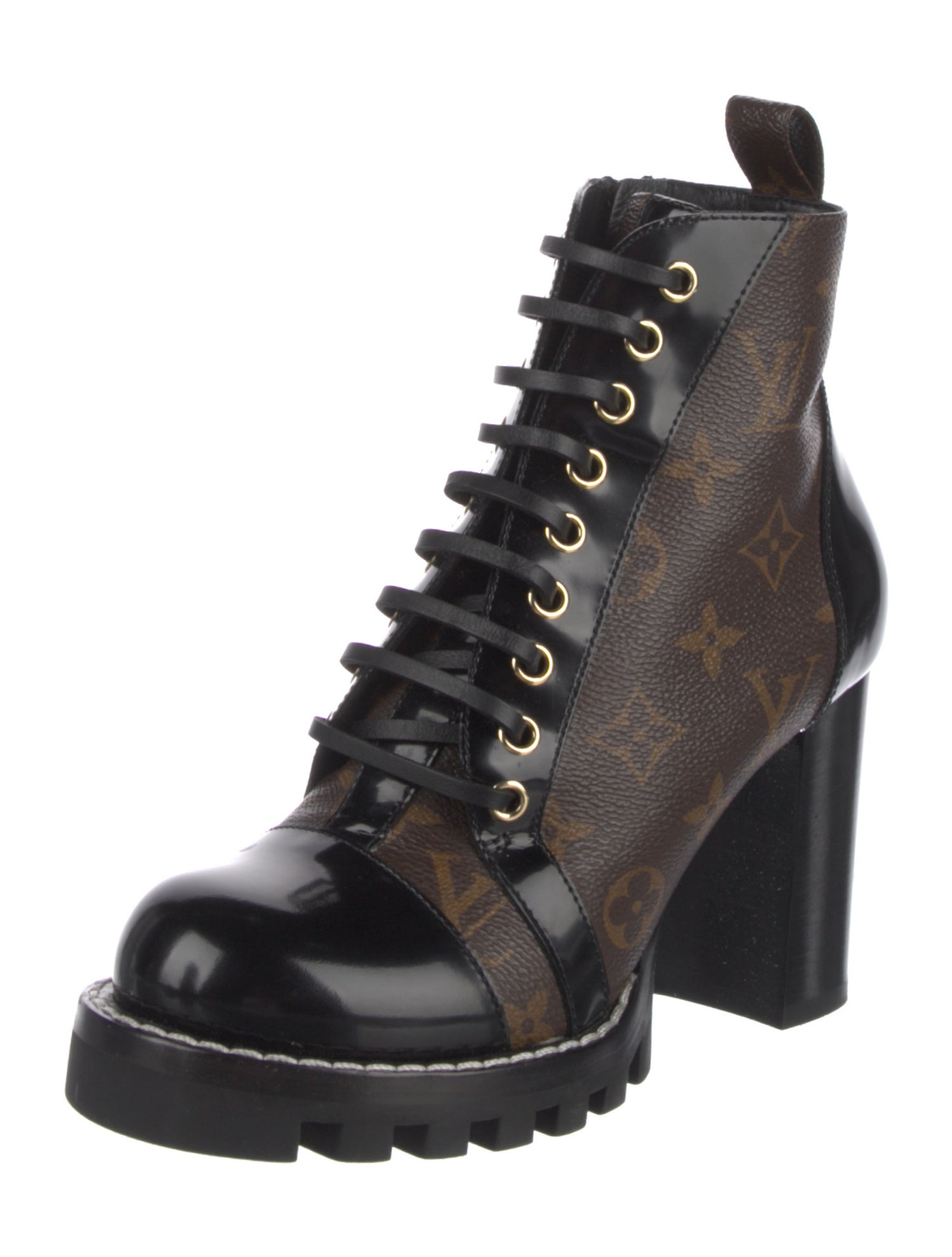 Louis Vuitton LV Monogram Leather Trim Embellishment Lace-Up Boots