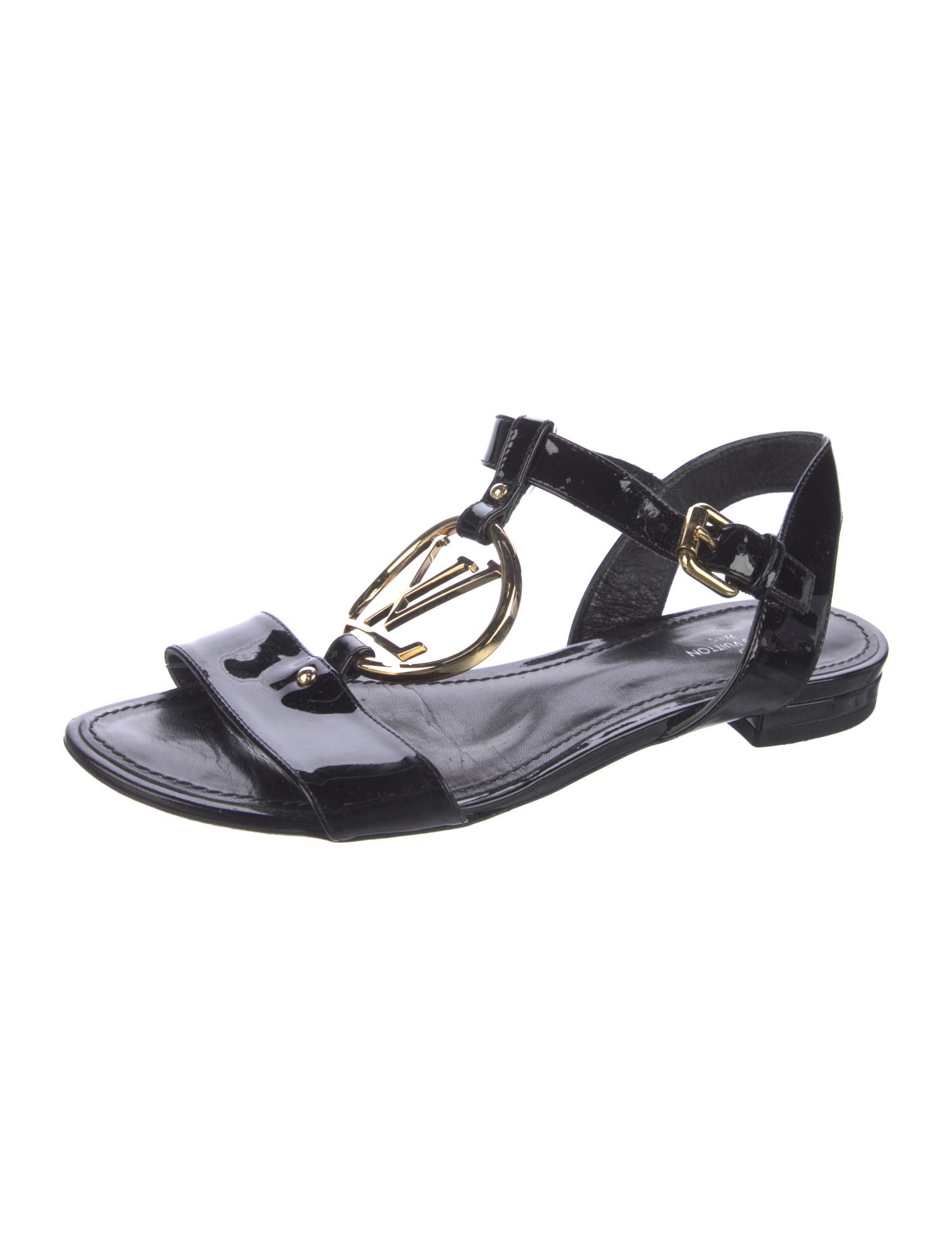 Louis Vuitton Signature Logo Patent Leather T-Strap Sandals