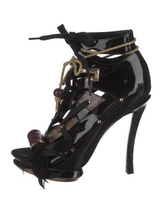 Louis Vuitton Patent Leather Feather Trim Gladiator Sandals