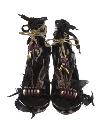 Louis Vuitton Patent Leather Feather Trim Gladiator Sandals
