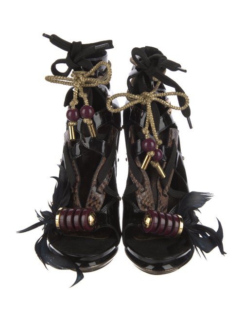 Louis Vuitton Patent Leather Feather Trim Gladiator Sandals
