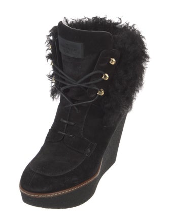 Louis Vuitton Suede Fur Trim Lace-Up Boots