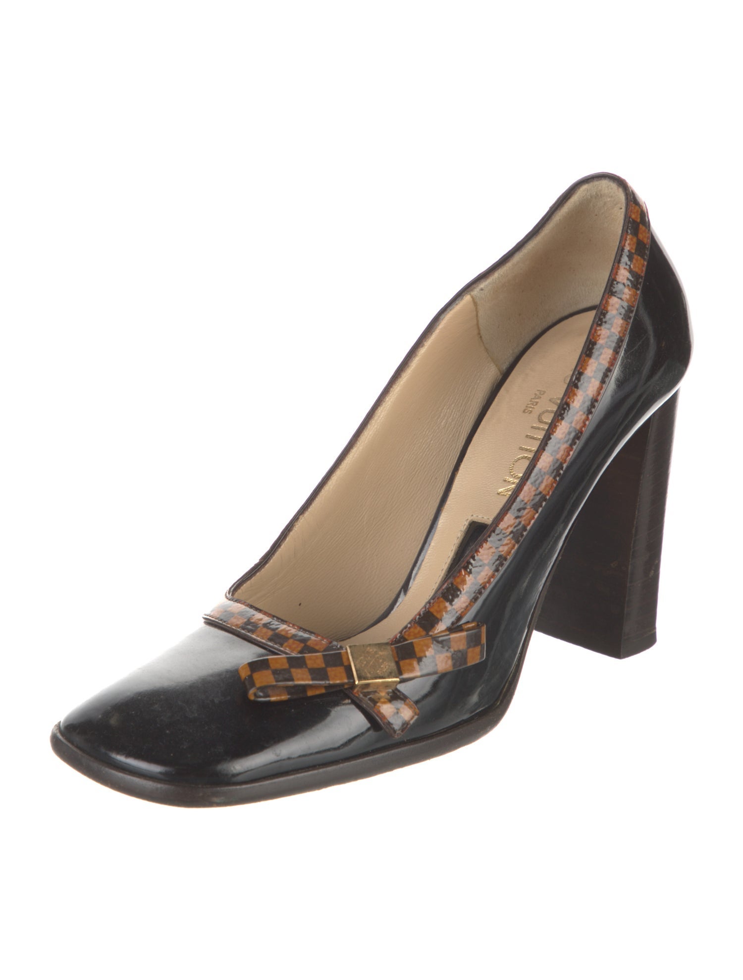 Louis Vuitton Damier Ebene Pattern Patent Leather Pumps