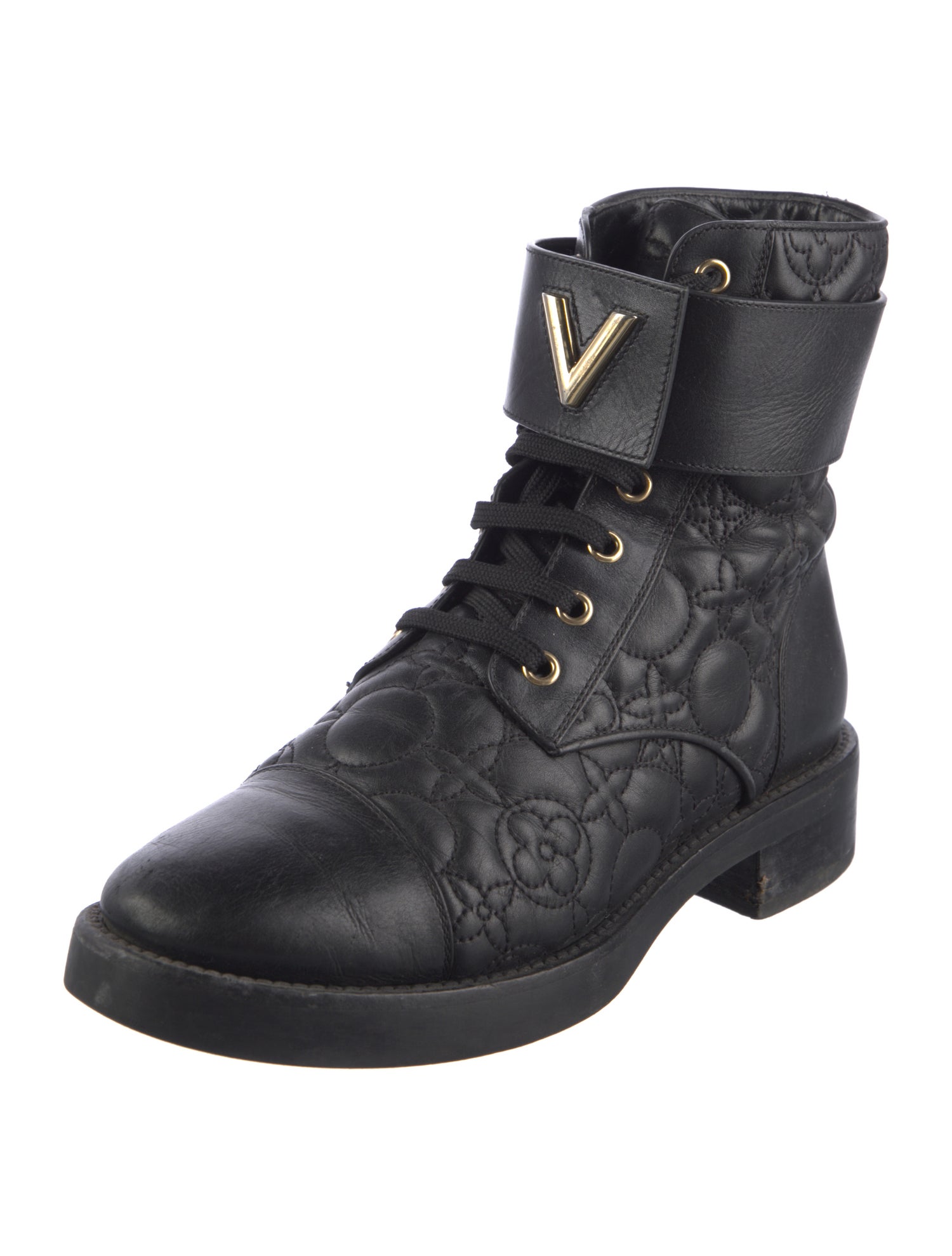 Louis Vuitton Leather Embroidered Accent Combat Boots