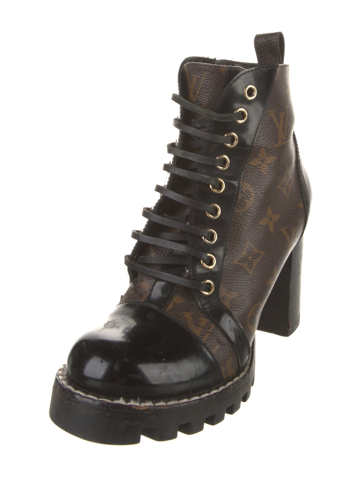 Louis Vuitton LV Monogram Leather Trim Embellishment Combat Boots