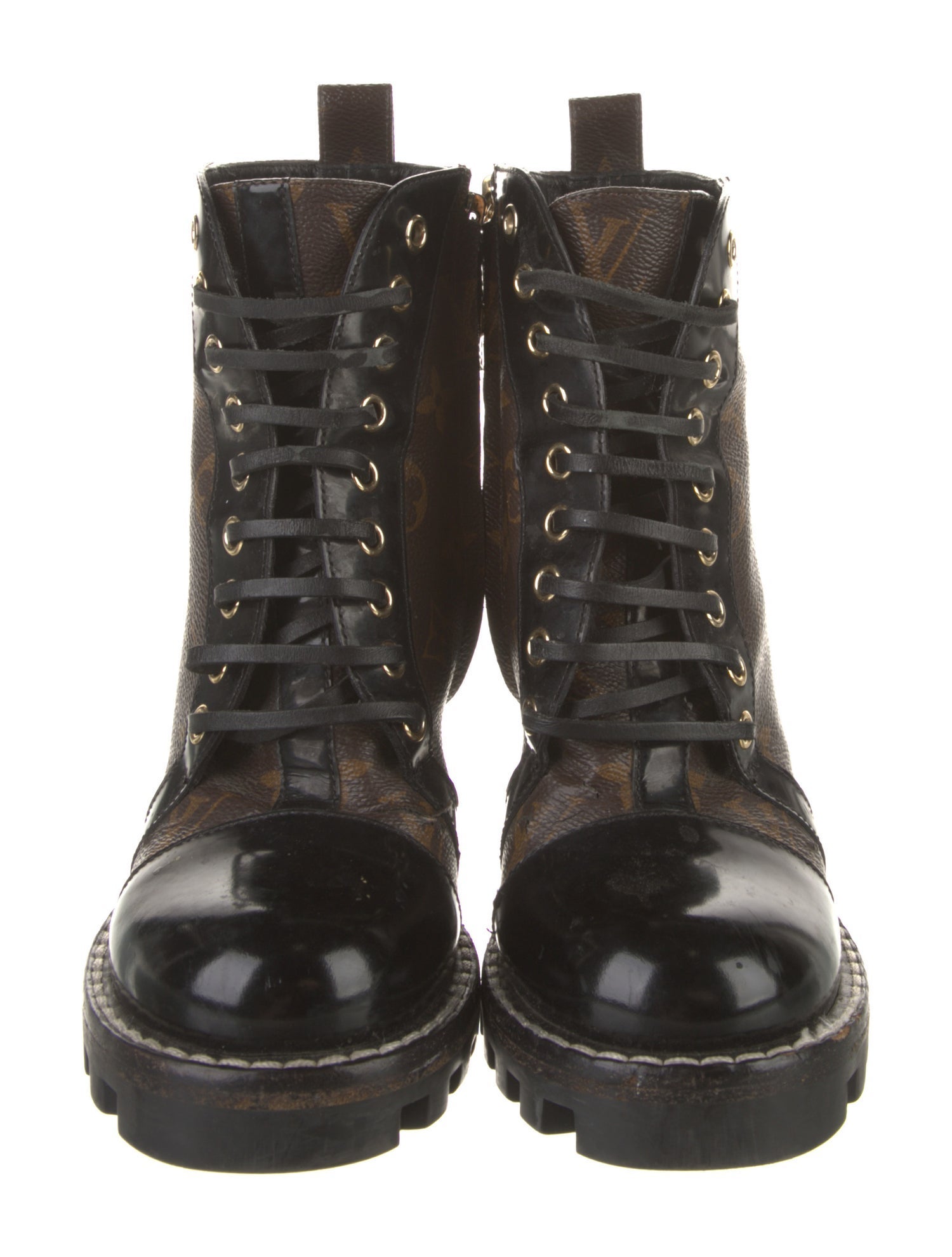 Louis Vuitton LV Monogram Leather Trim Embellishment Combat Boots
