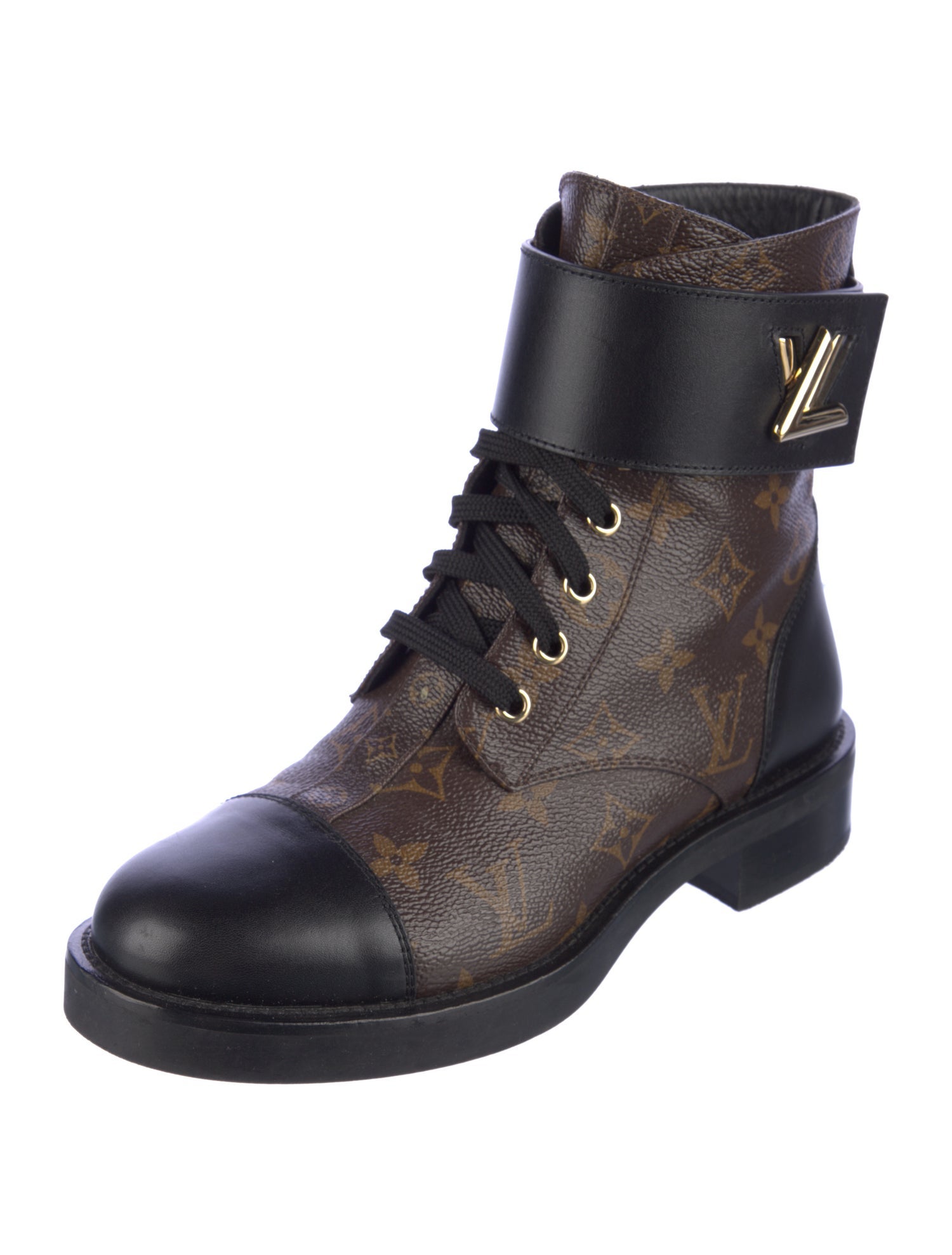 Louis Vuitton LV Monogram Leather Trim Embellishment Combat Boots