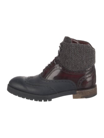 Louis Vuitton Leather Tweed Pattern Lace-Up Boots