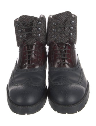 Louis Vuitton Leather Tweed Pattern Lace-Up Boots