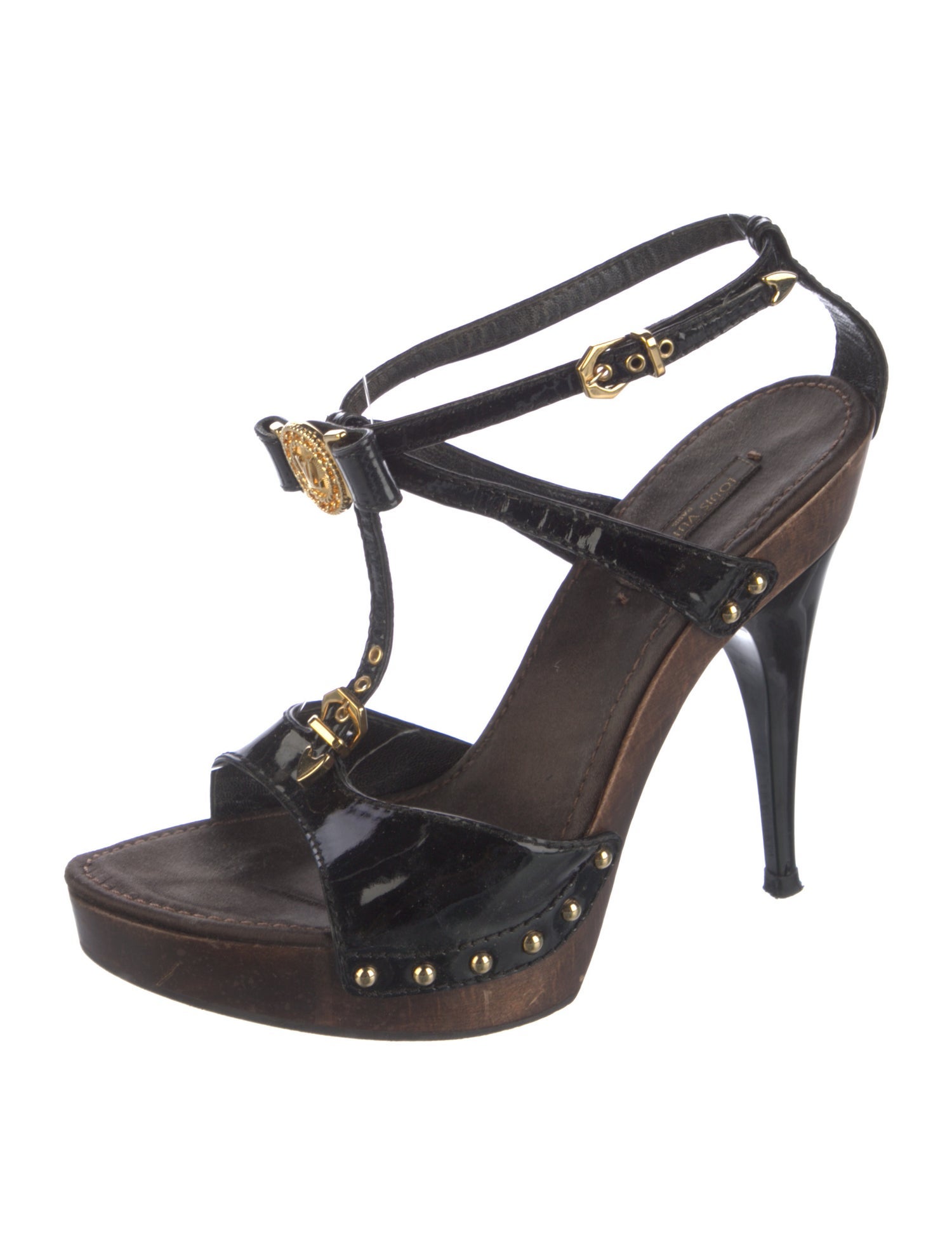 Louis Vuitton Patent Leather Studded Accents T-Strap Sandals