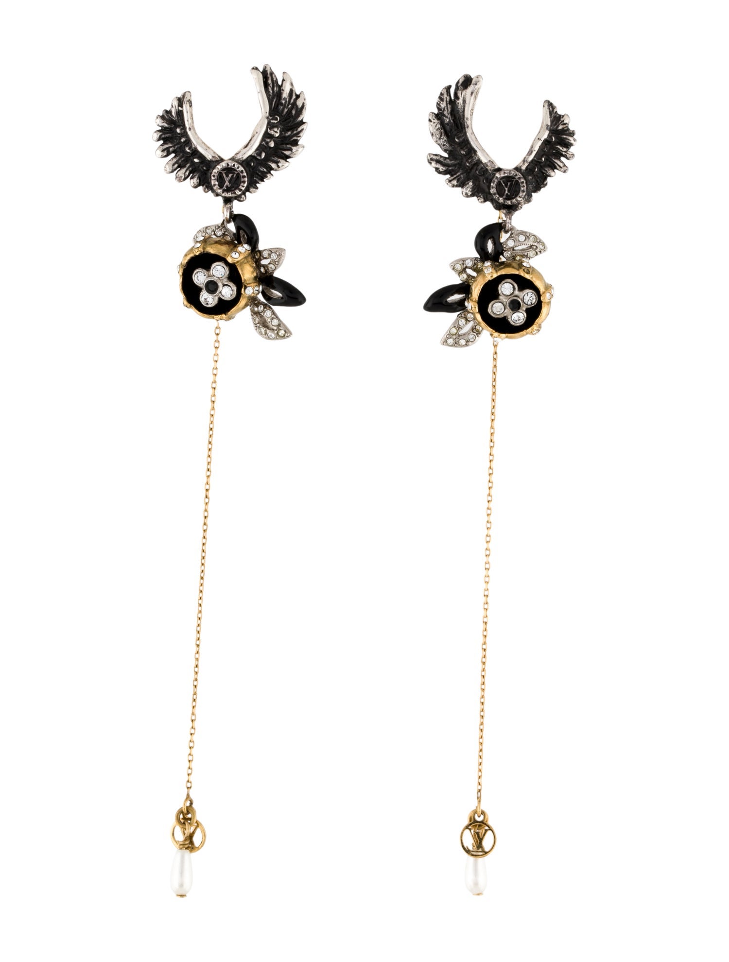 Louis Vuitton Faux Pearl Crystal & Enamel LV Windsor Fleur Pendant Earrings