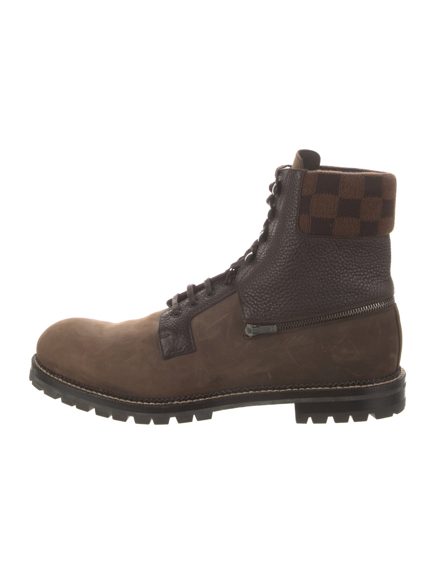 Louis Vuitton Damier Ebene Pattern Leather Lace-Up Boots