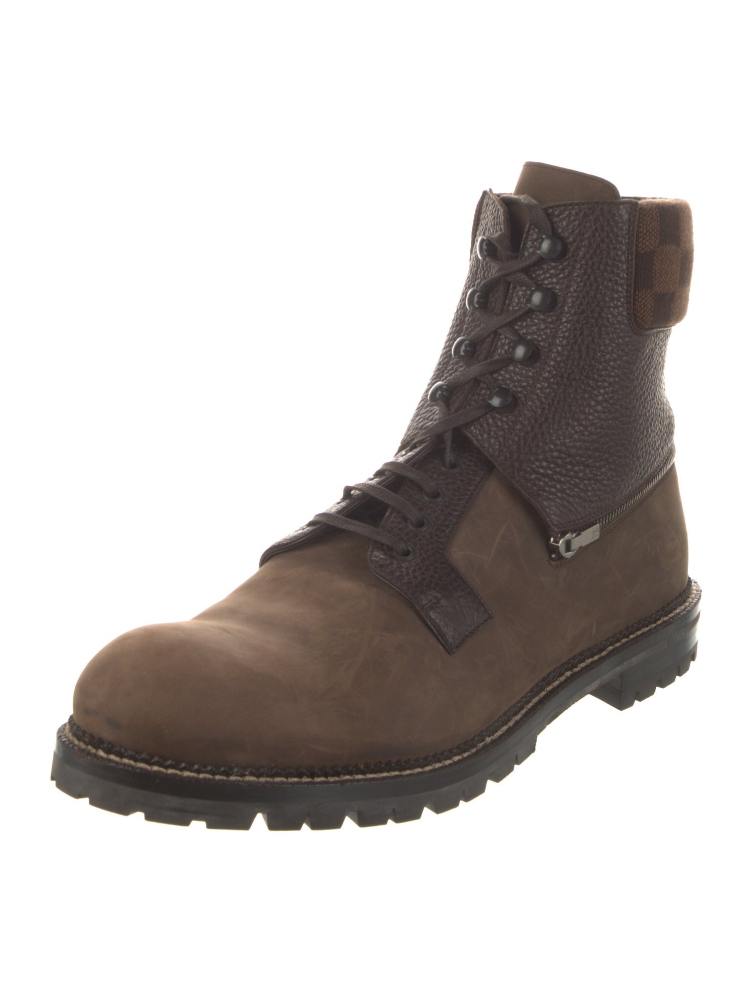 Louis Vuitton Damier Ebene Pattern Leather Lace-Up Boots
