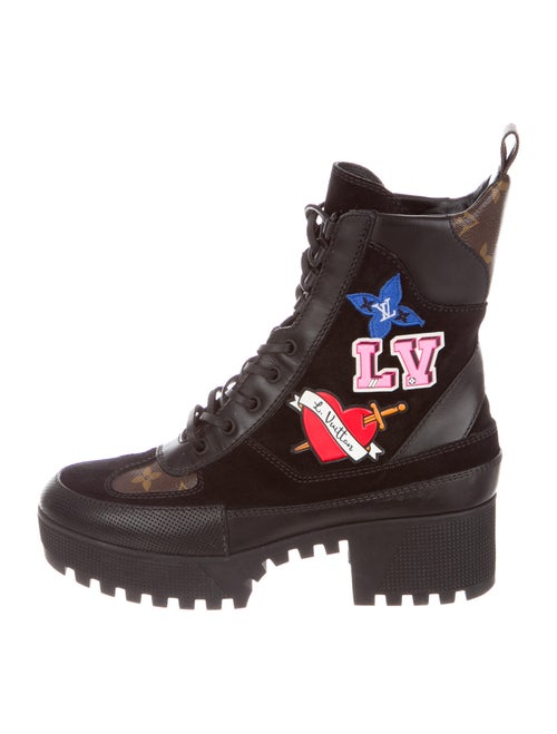 Louis Vuitton Suede Printed Combat Boots Black