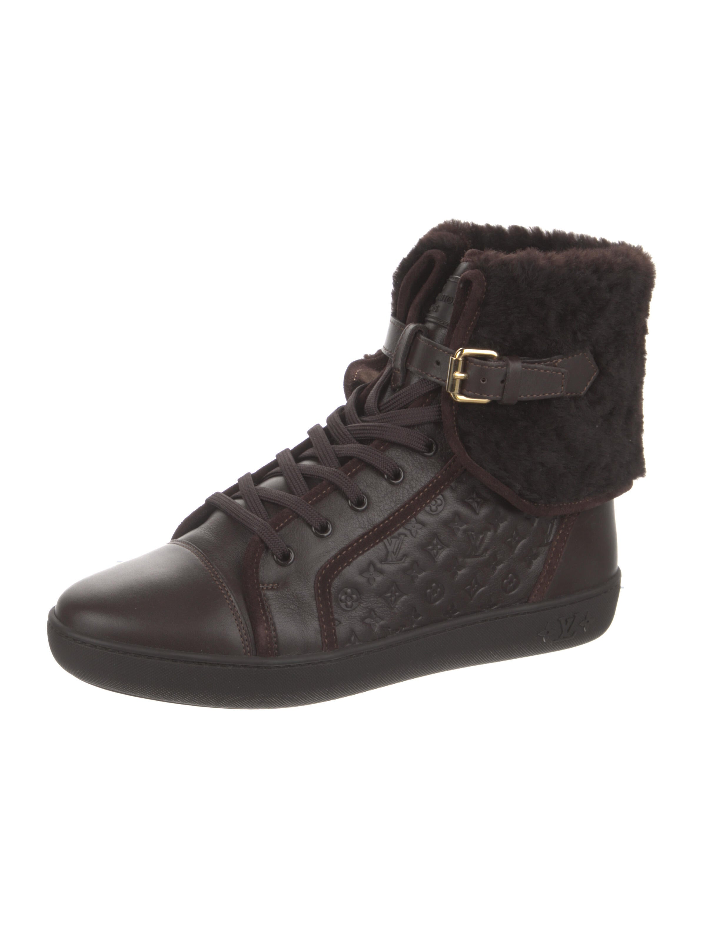 Louis Vuitton Brown Leather Faux Fur Trim Sneakers 38.5 | 6