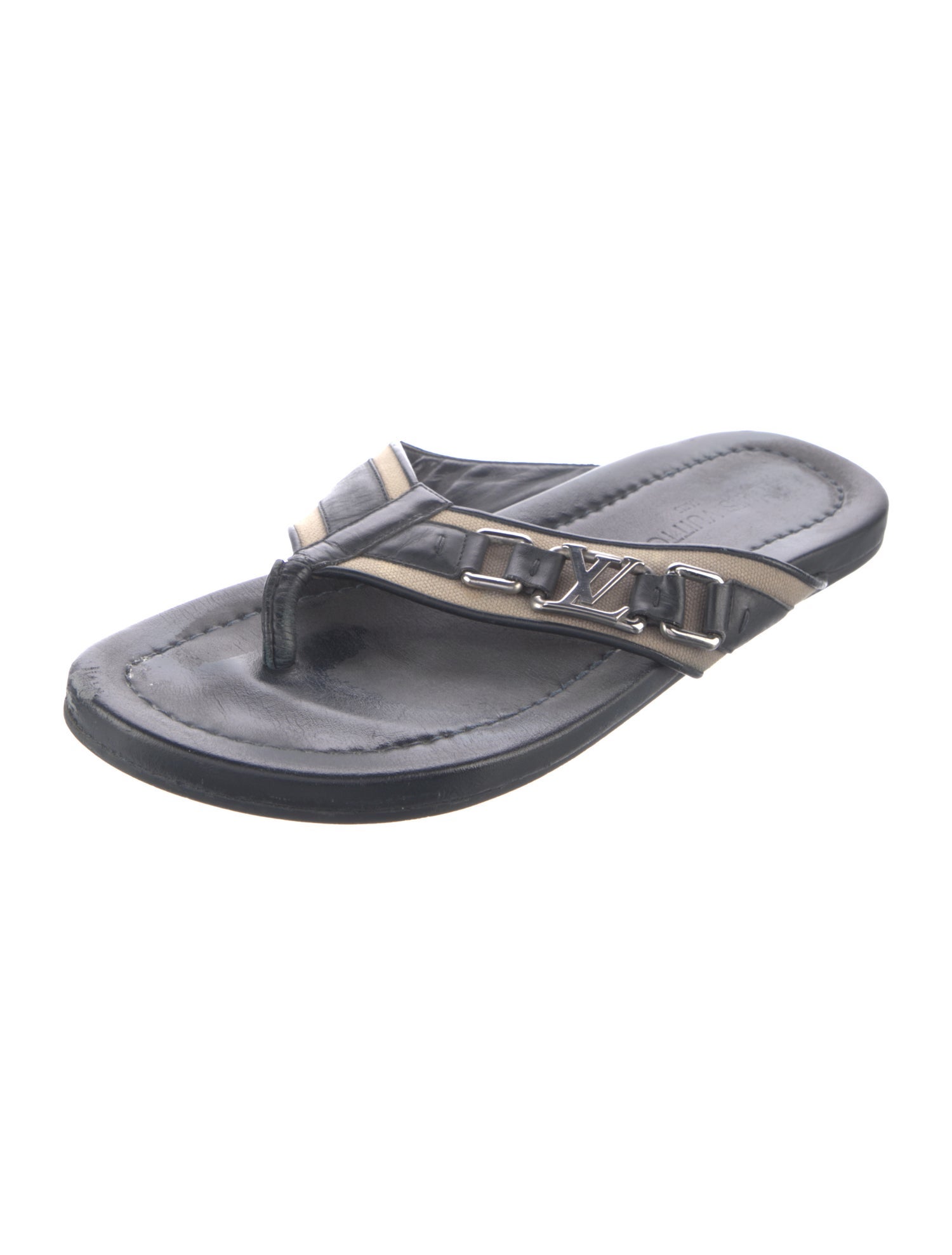 Louis Vuitton Canvas Leather Trim Embellishment Flip Flops