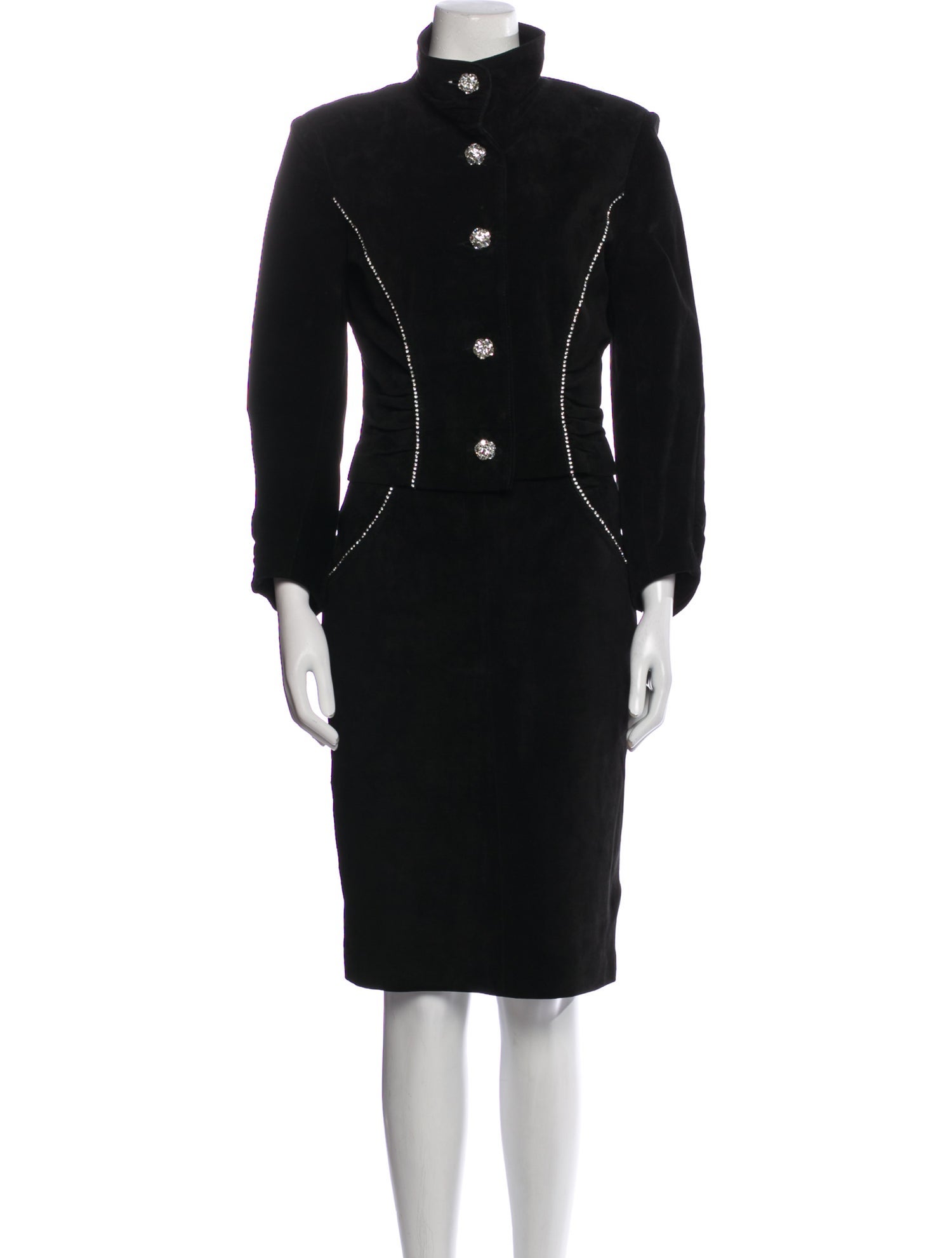 LILLIE RUBIN Leather Crystal Embellishments Skirt Suit