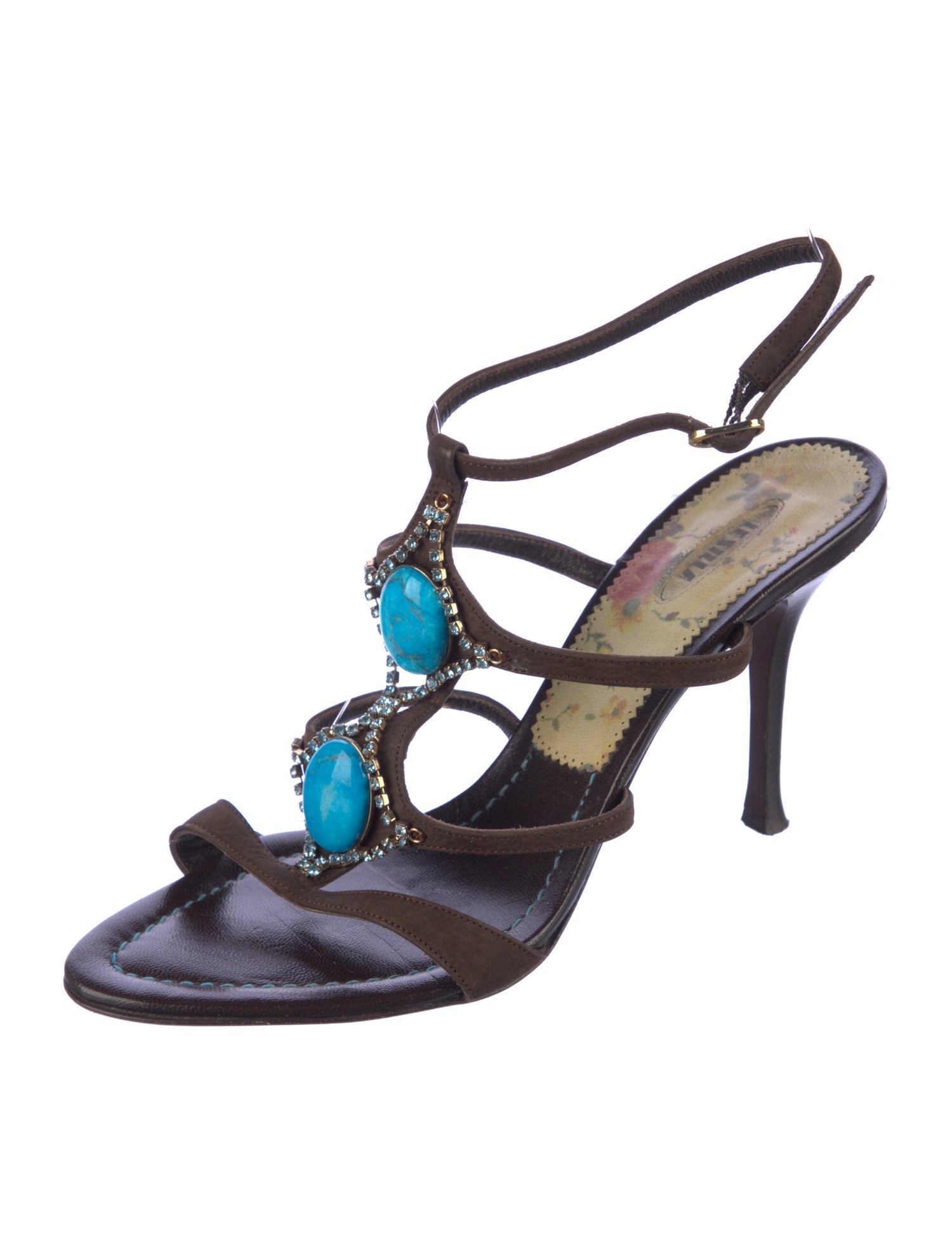 Le Silla Leather Crystal Embellishments T-Strap Sandals