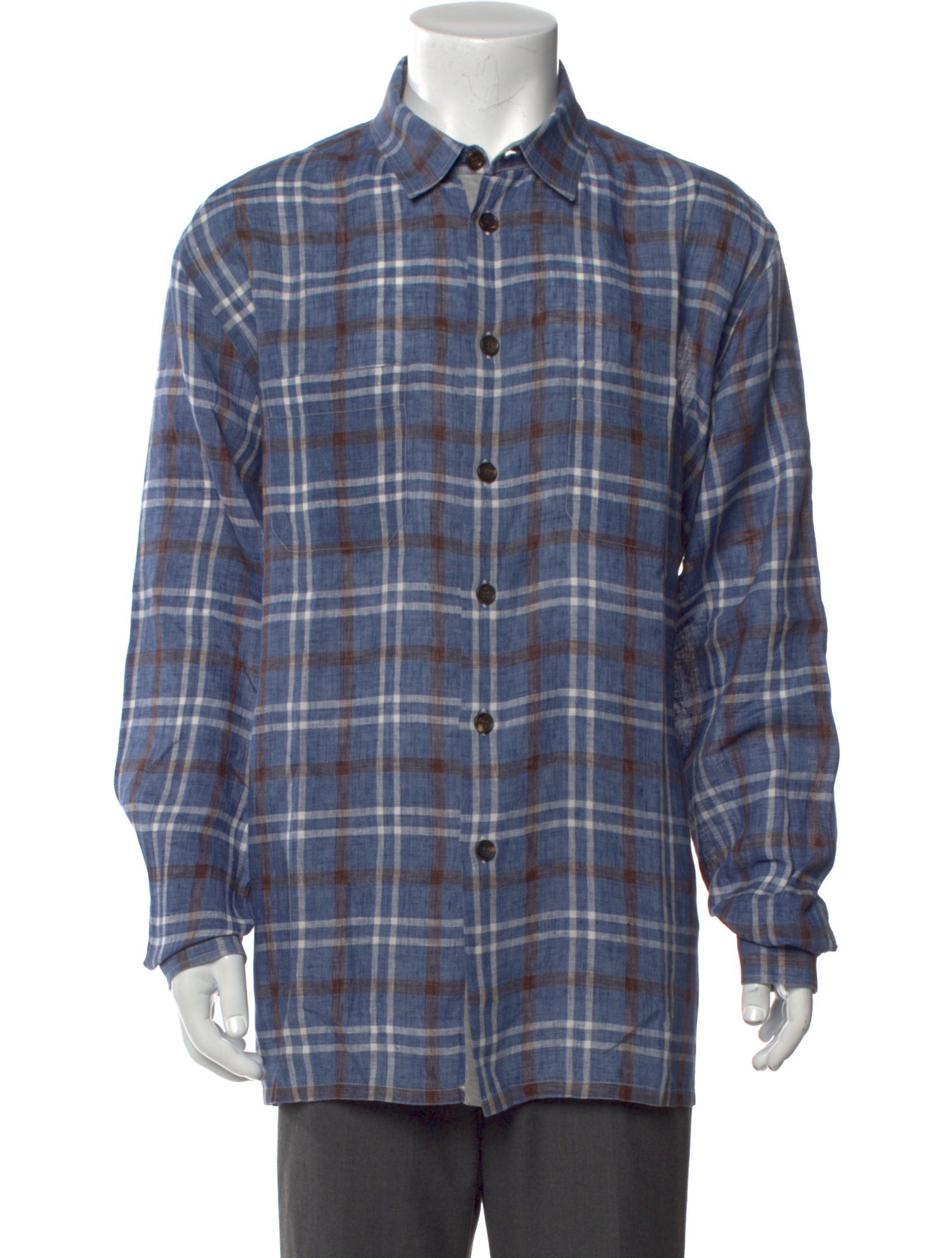 Luciano Barbera Linen Plaid Print Dress Shirt