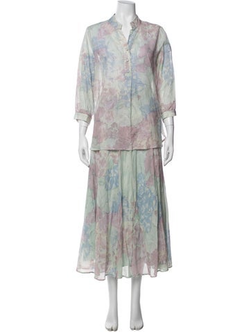 Pre-owned Luisa Beccaria Floral Print Ruffle Embellishment Skirt Set In Green