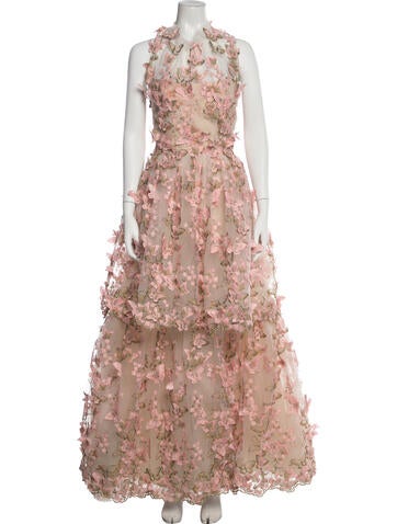 Pre-owned Luisa Beccaria Floral Print Long Dress In Pink