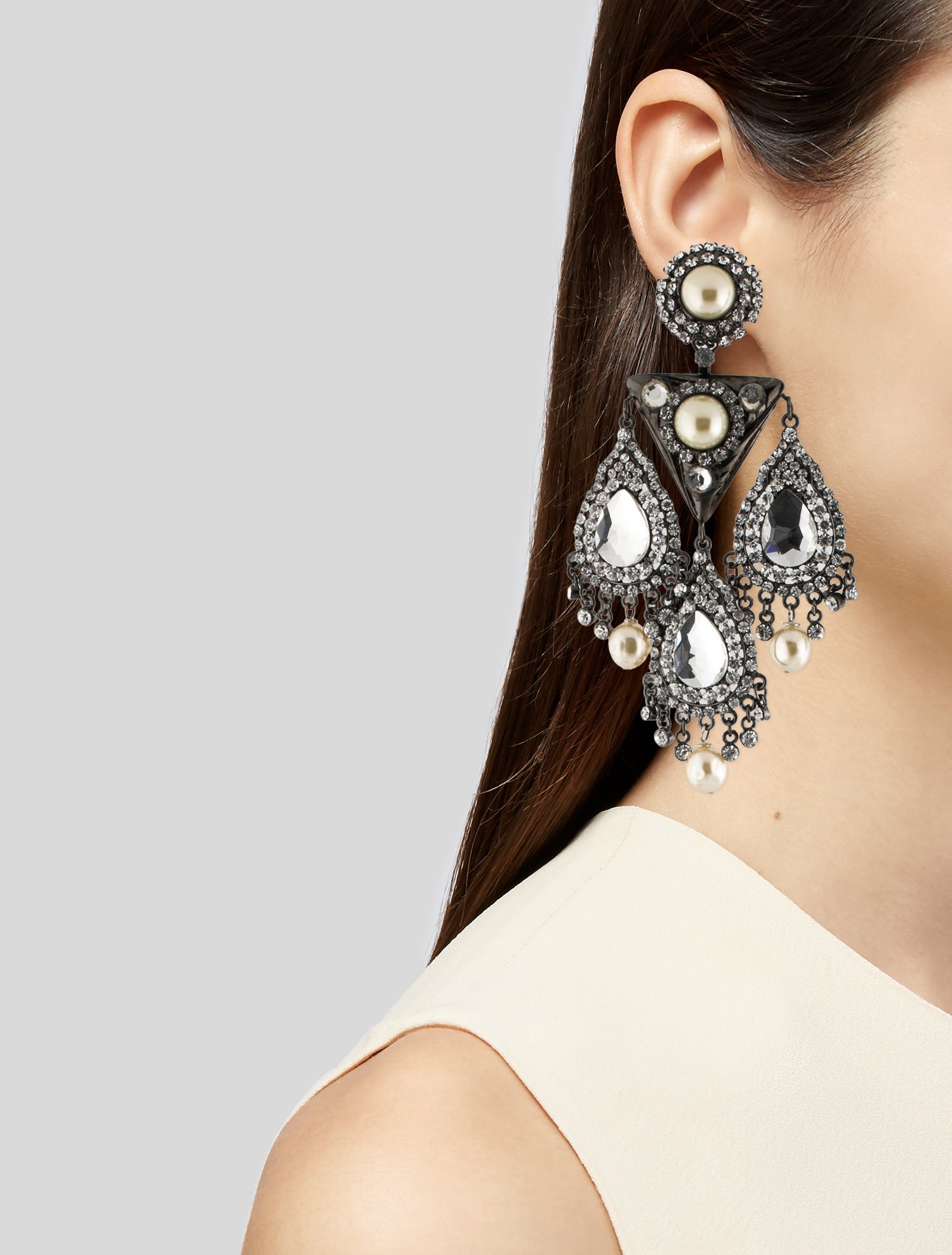 Lawrence Vrba Crystal & Faux Pearl Chandelier Earrings